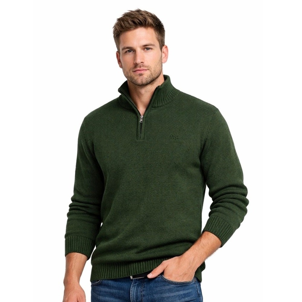 H2H Sweater Mens Medium Quarter Zip Mock Neck Preppy Green